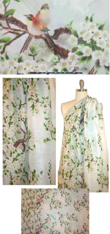 linen/silk printed semi-sheer - blossomy perch 1 yard