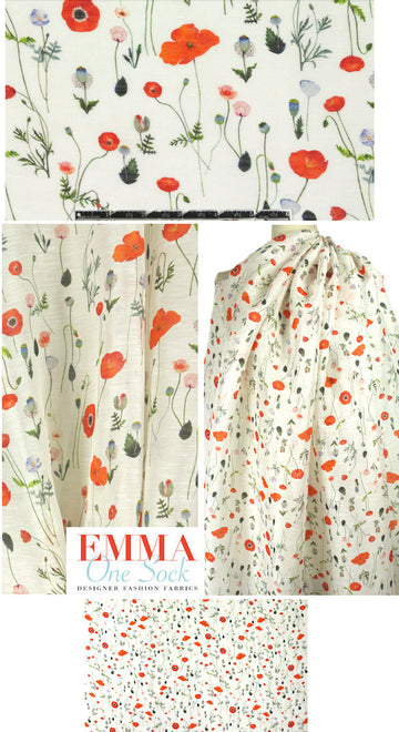linen/silk printed semi-sheer - poppies, etc.