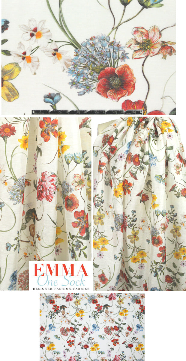 linen/silk printed semi-sheer - wildflowers
