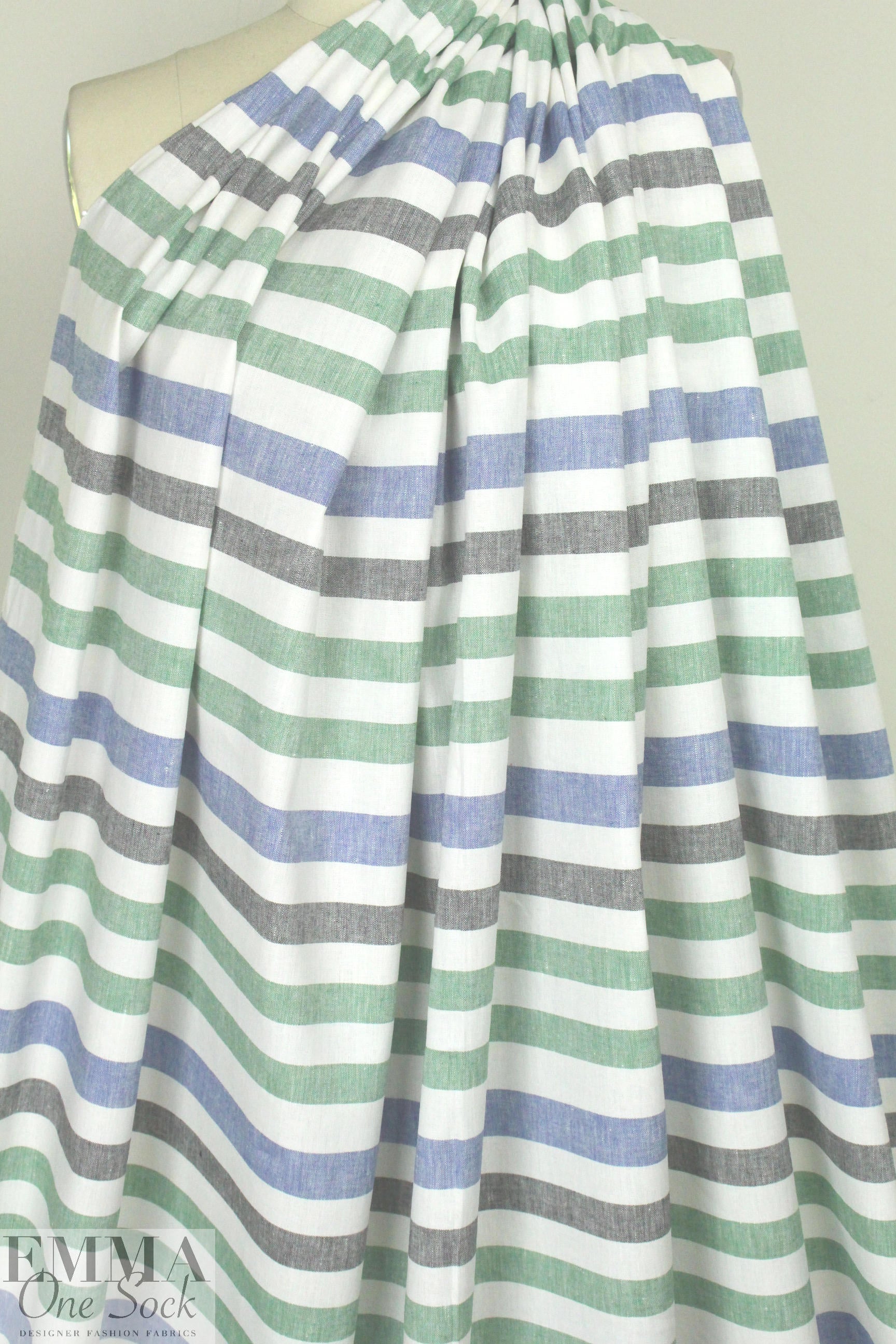 Italian blue/green/gray horizontal stripe linen woven