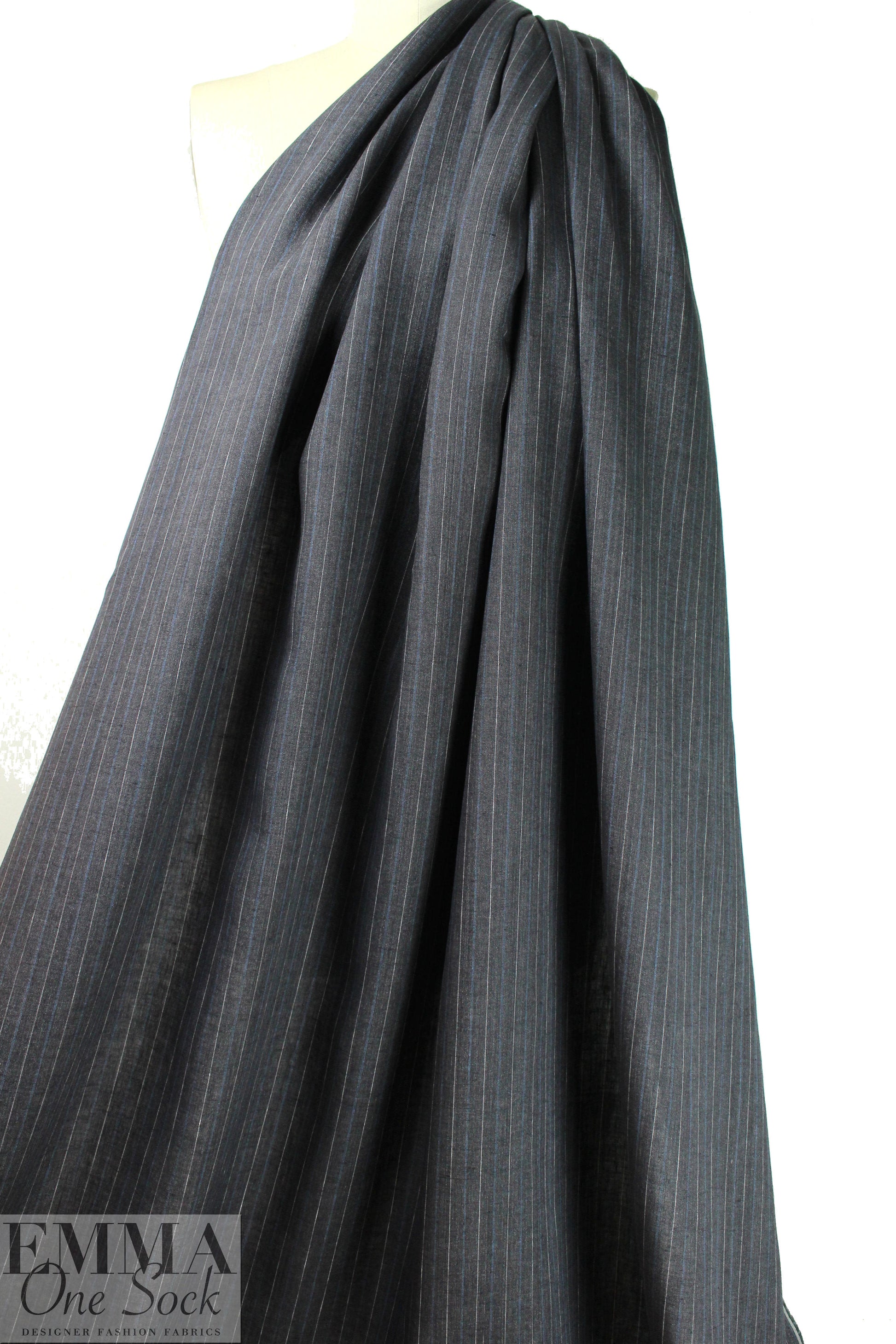 Italian charcoal/sky/white vertical stripe linen woven 1.95 yds