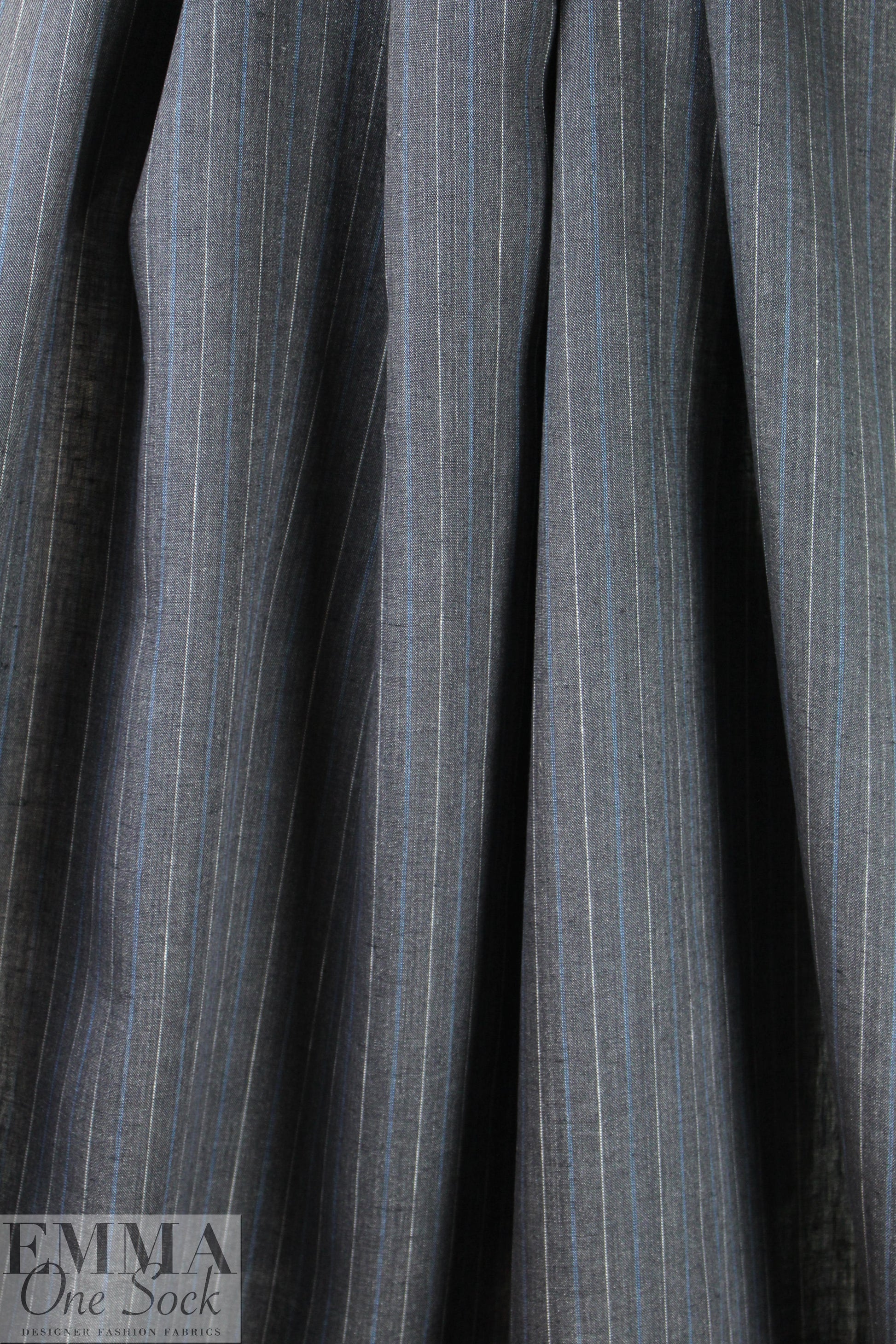 Italian charcoal/sky/white vertical stripe linen woven 1.66 yd