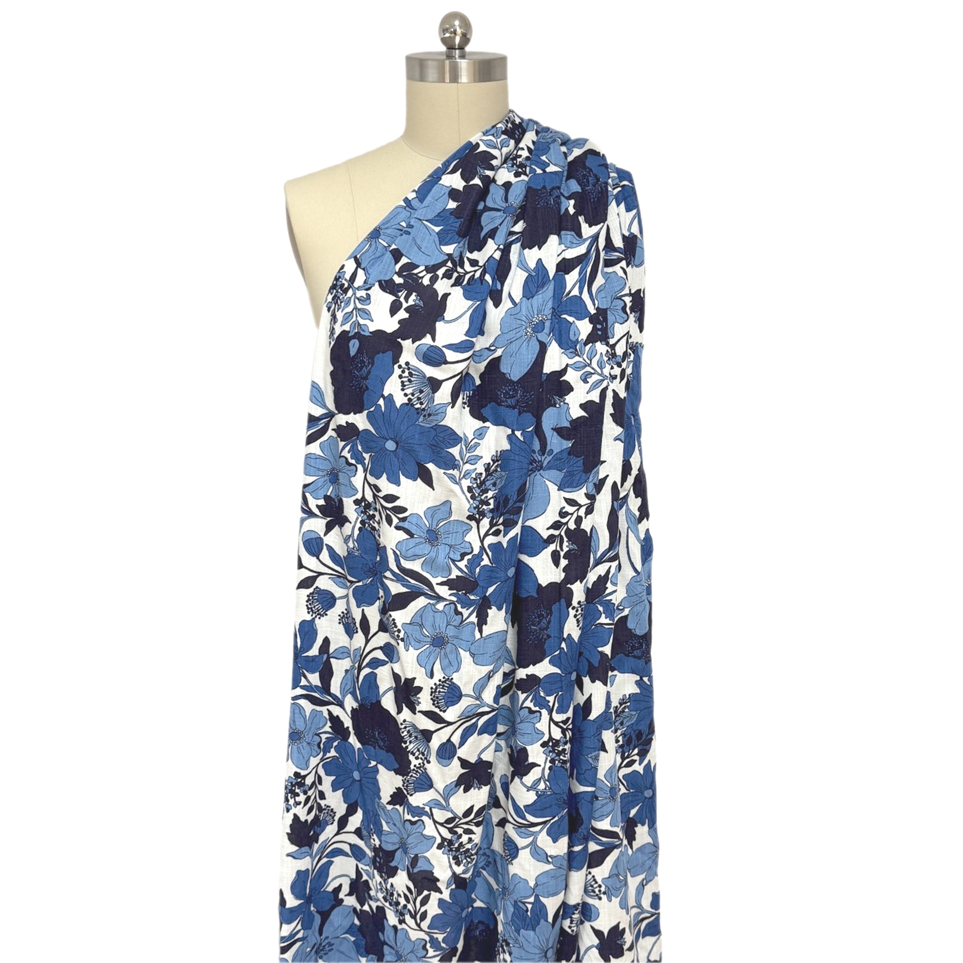 'French blue floral' viscose/linen slub woven