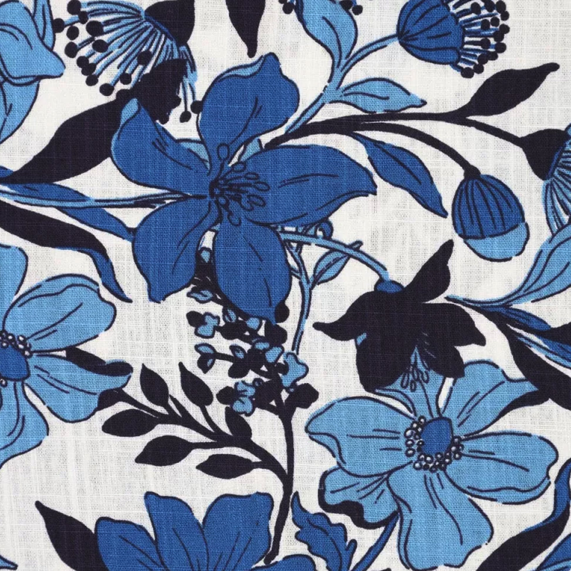 'French blue floral' viscose/linen slub woven