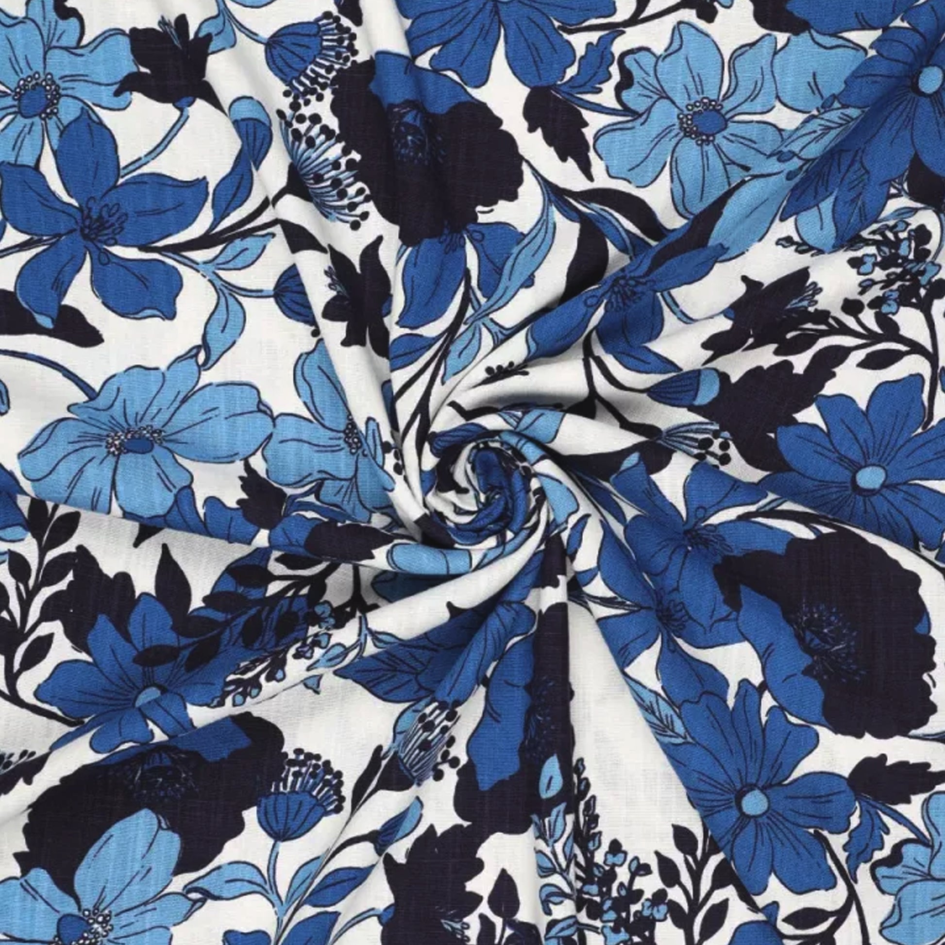'French blue floral' viscose/linen slub woven