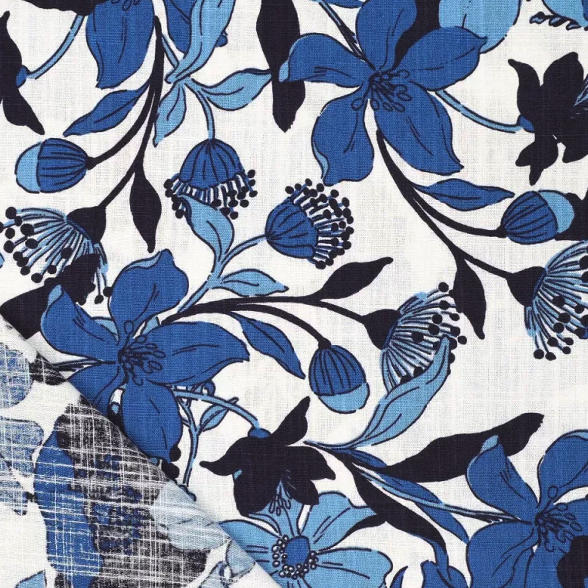 'French blue floral' viscose/linen slub woven