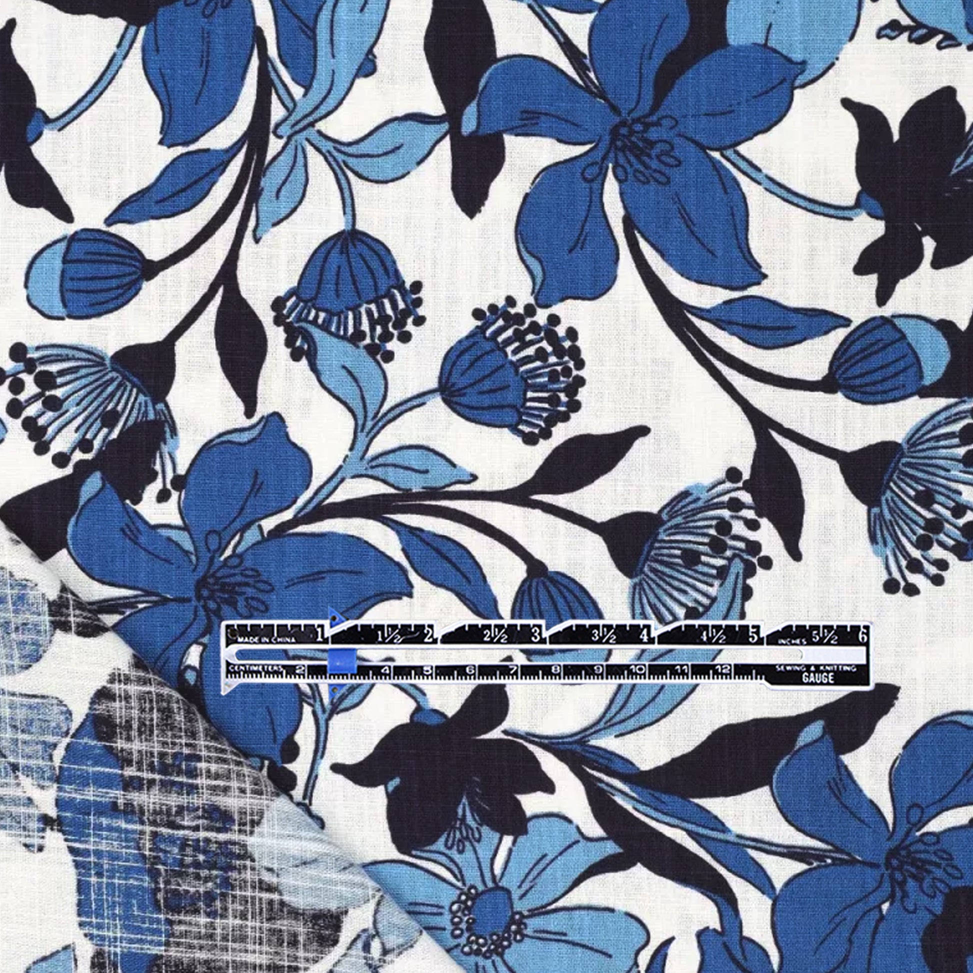 'French blue floral' viscose/linen slub woven