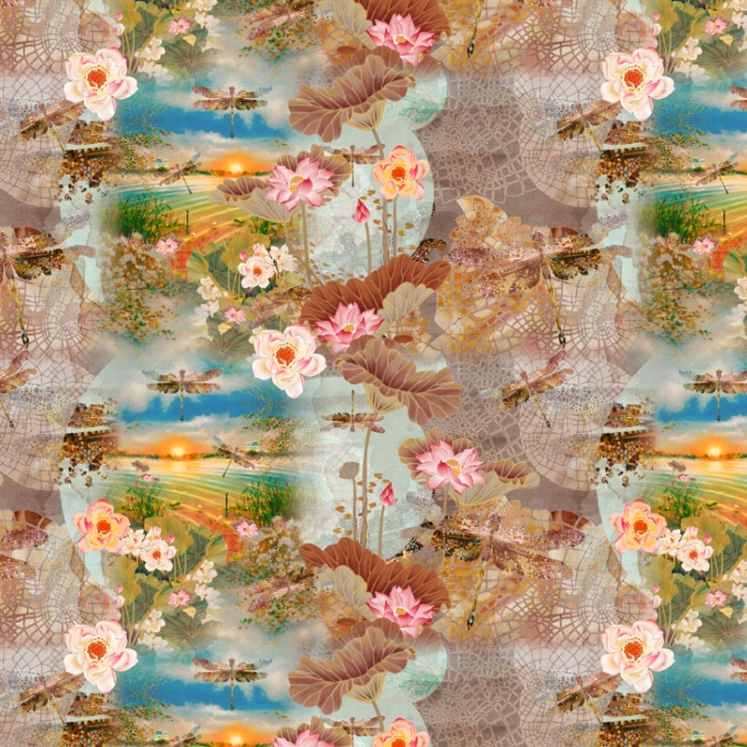 Dutch digital 'dragonfly fantasy' viscose/linen woven - sky/mauve .875 yds