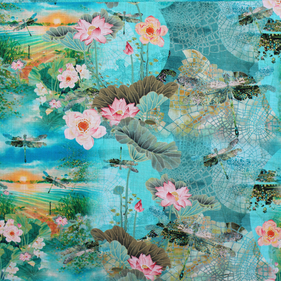 Dutch digital 'dragonfly fantasy' viscose/linen woven - turquoise/moss .5 yds