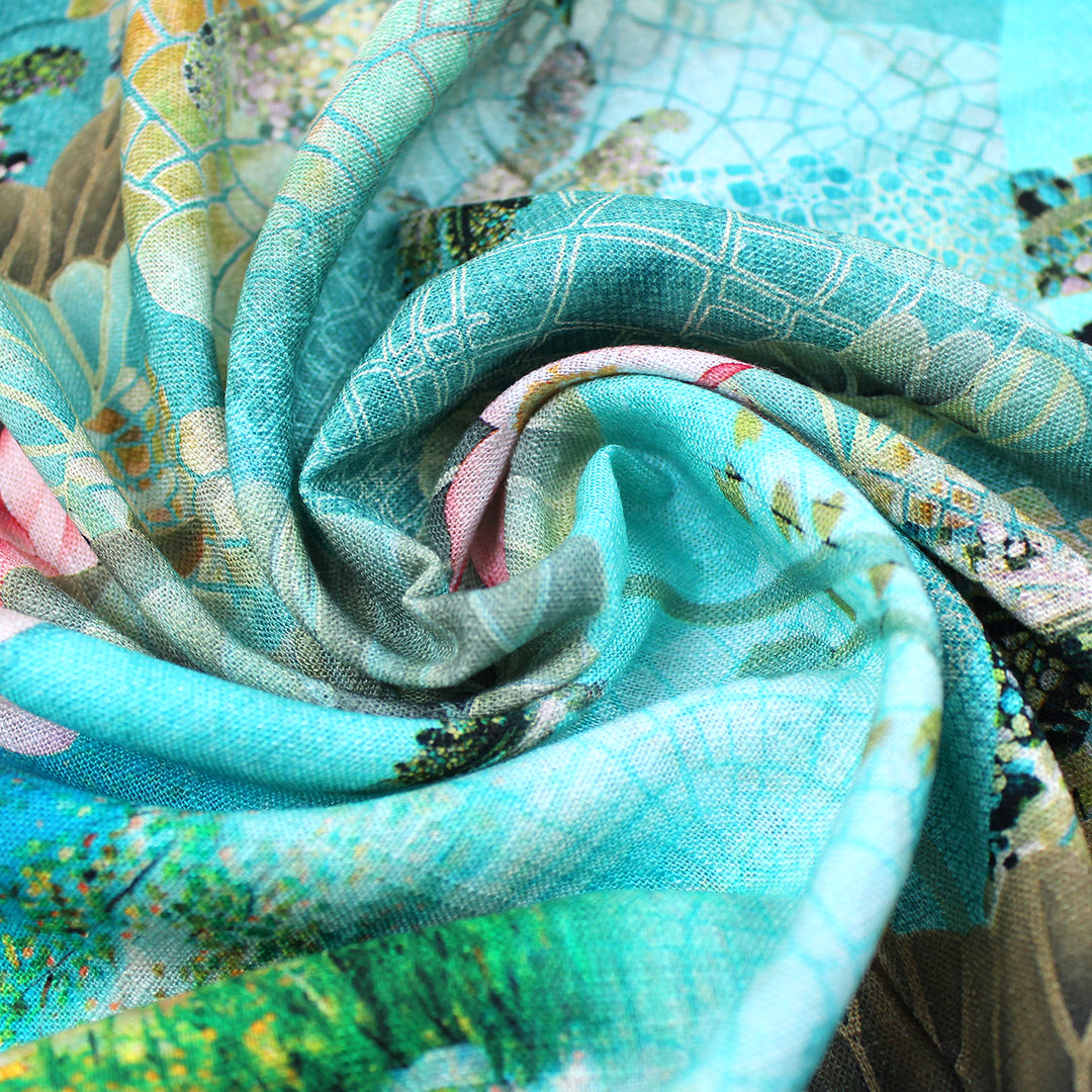 Dutch digital 'dragonfly fantasy' viscose/linen woven - turquoise/moss 1 yard