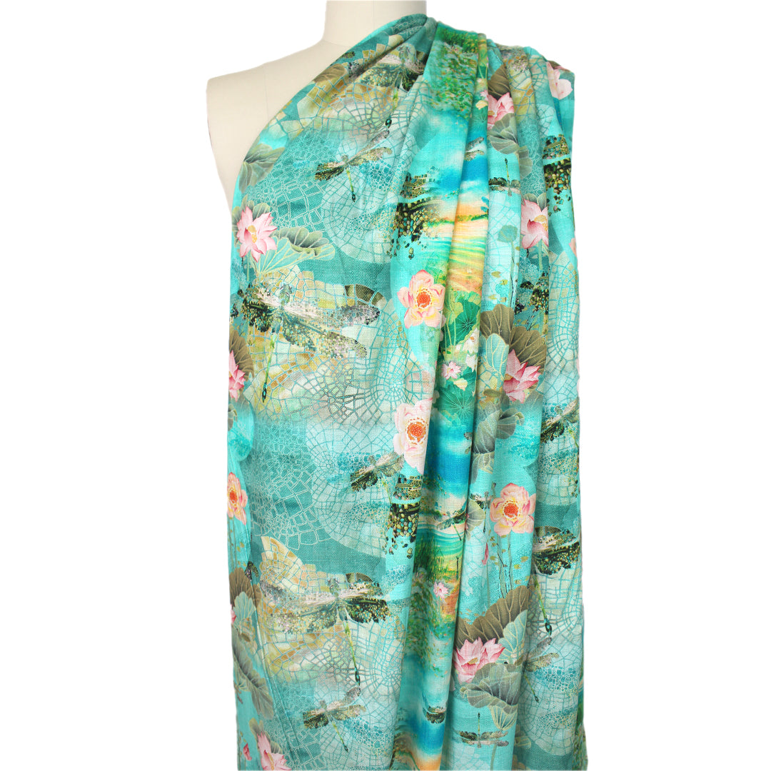 Dutch digital 'dragonfly fantasy' viscose/linen woven - turquoise/moss .5 yds