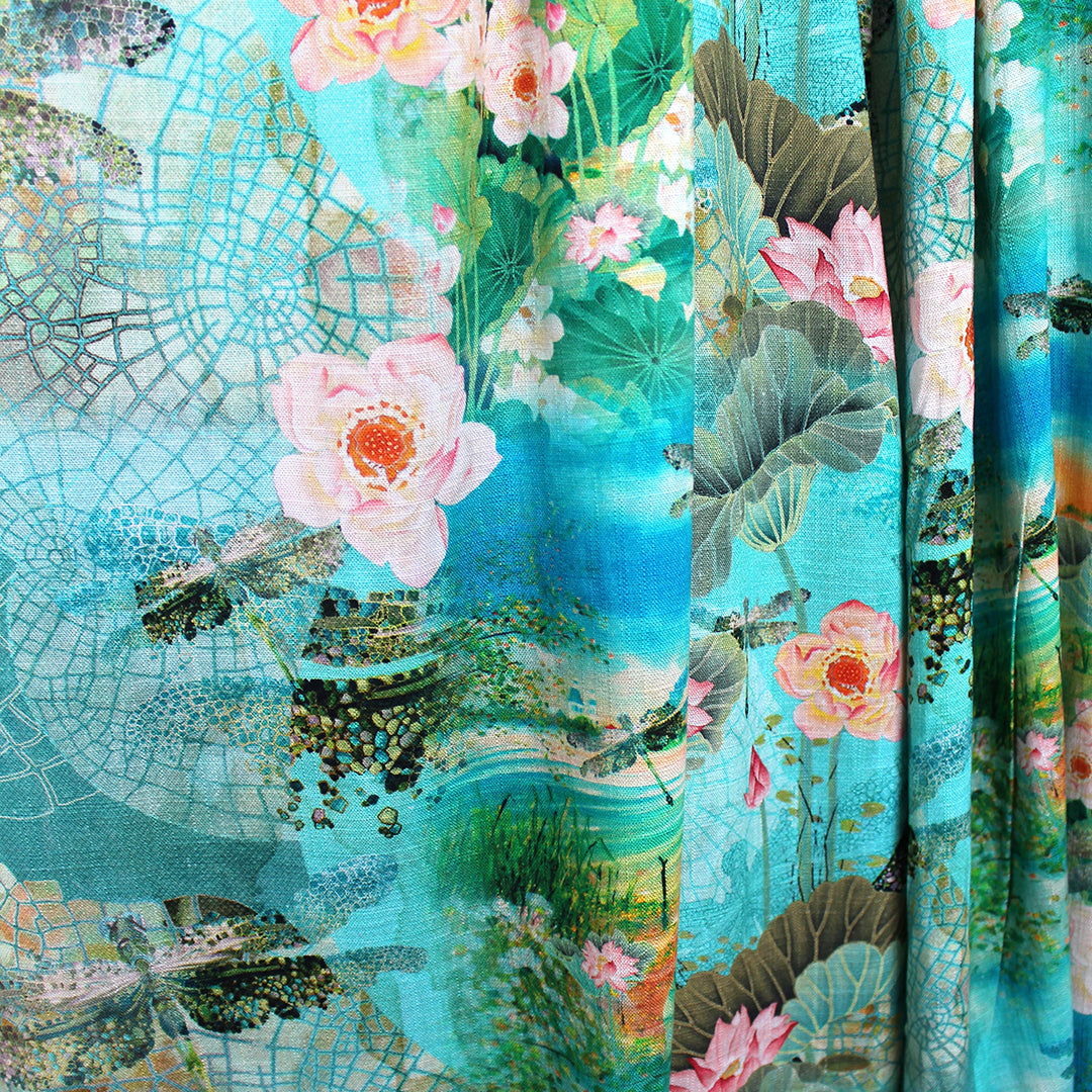 Dutch digital 'dragonfly fantasy' viscose/linen woven - turquoise/moss 1 yard