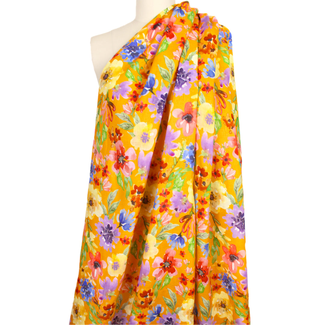 European linen 'cottage floral' printed dressweight woven - saffron 2 yd