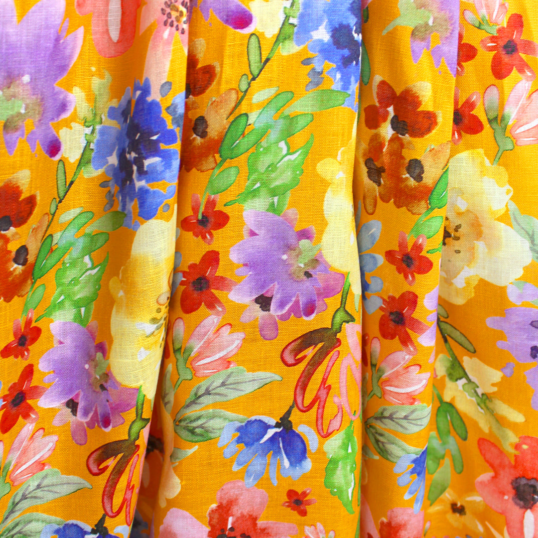 European linen 'cottage floral' printed dressweight woven - saffron 2 yd