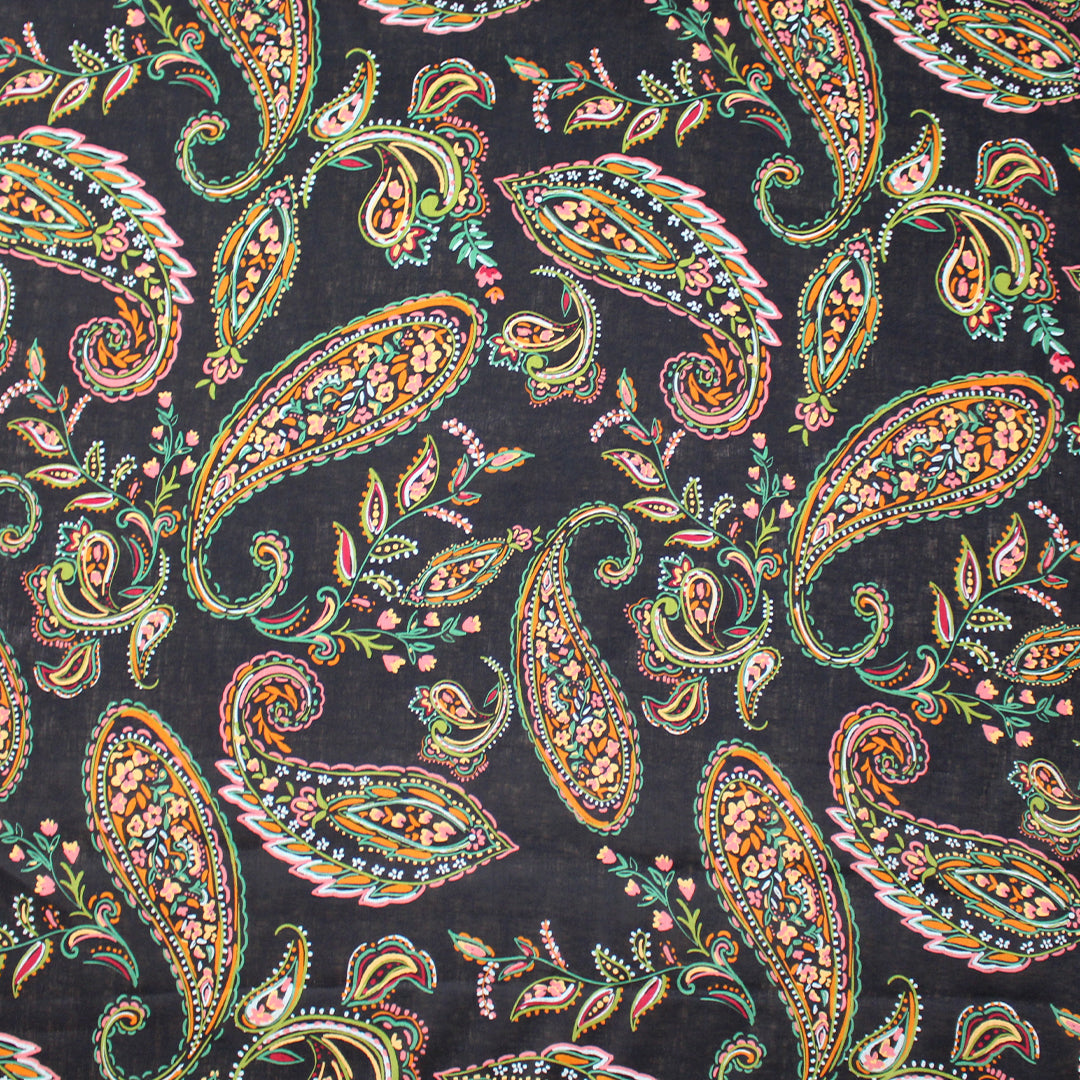 European linen 'tangerine paisley' printed dressweight woven .625 yds