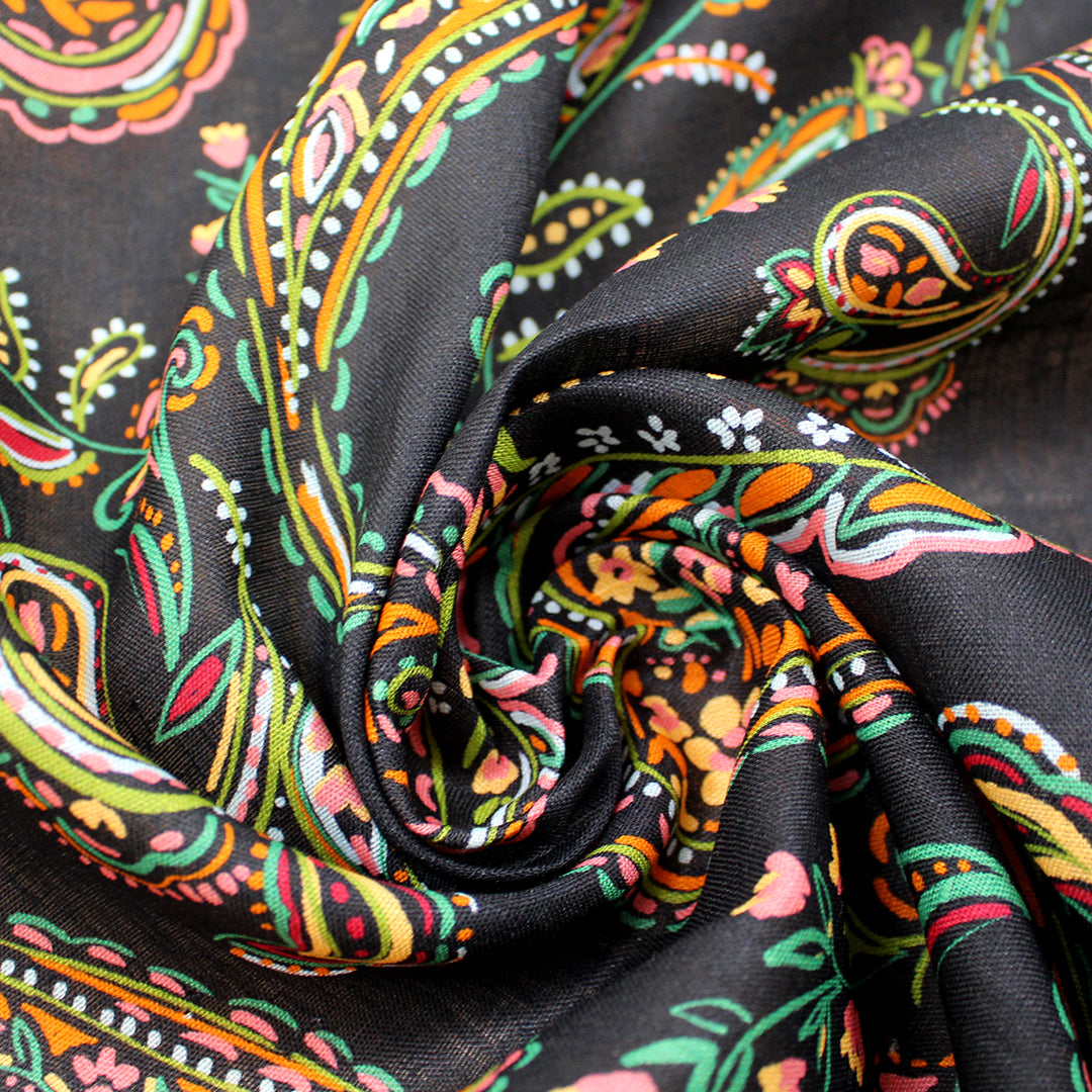 European linen 'tangerine paisley' printed dressweight woven .625 yds