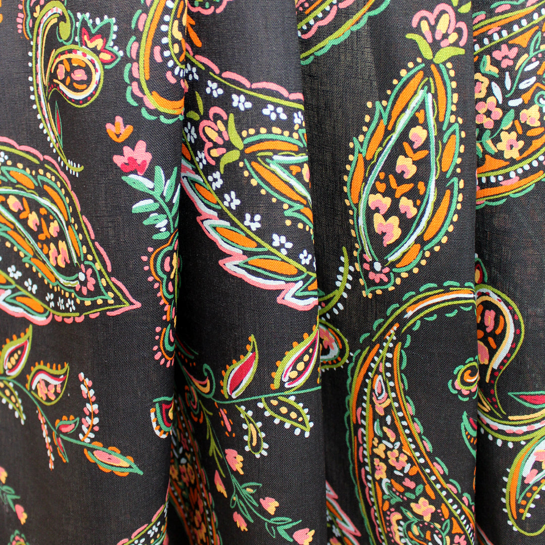 European linen 'tangerine paisley' printed dressweight woven .625 yds