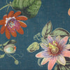 European linen 'pink passionflower' printed dressweight woven - dark teal