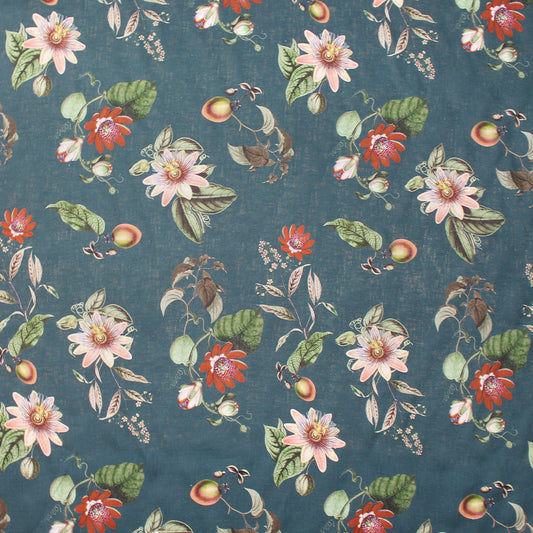 European linen 'pink passionflower' printed dressweight woven - dark teal