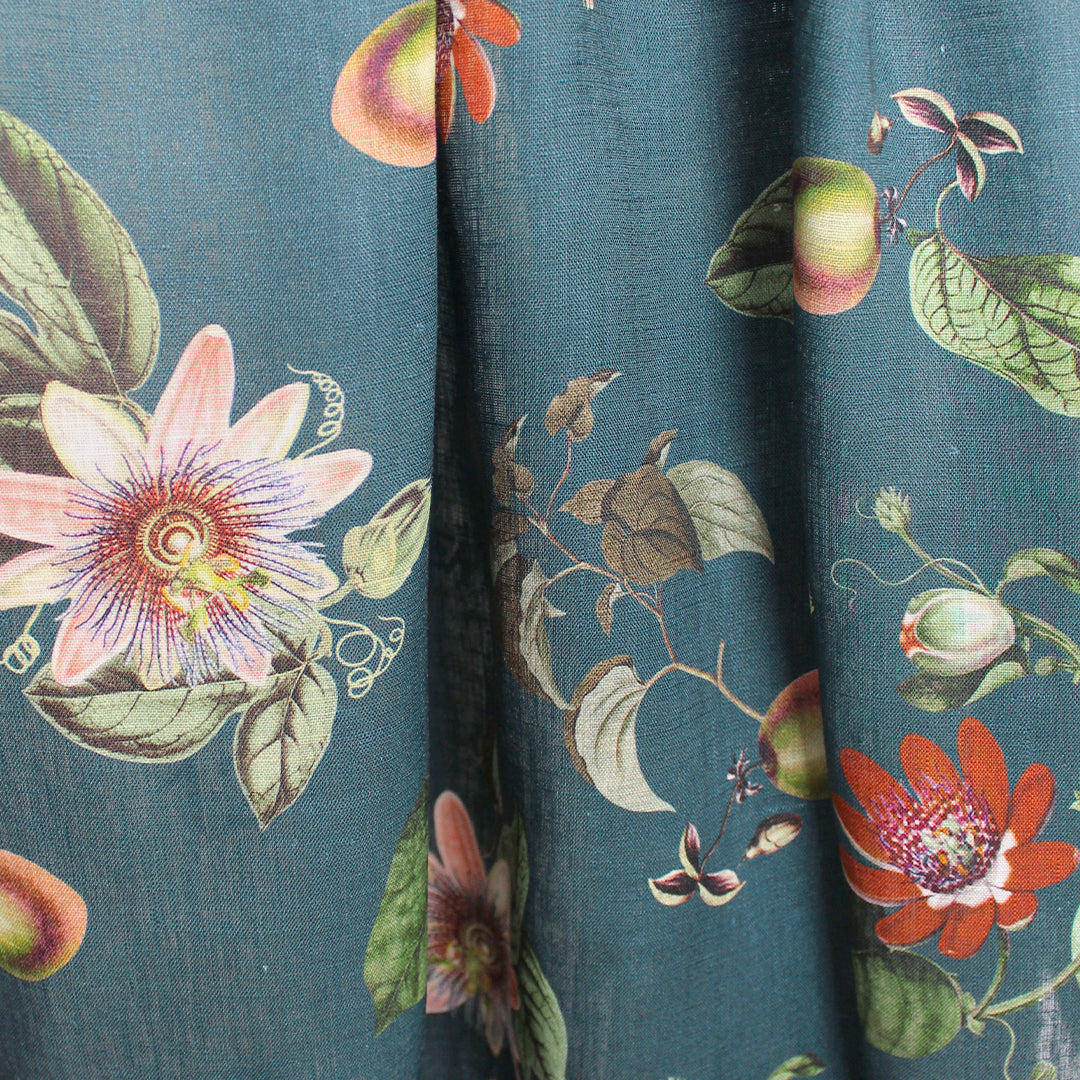 European linen 'pink passionflower' printed dressweight woven - dark teal