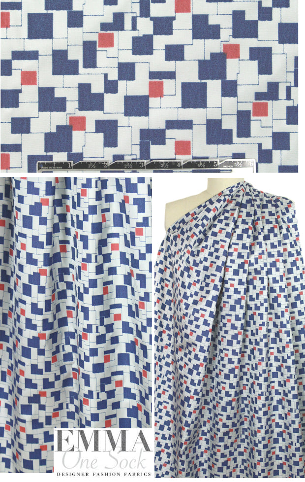 NY designer navy/red maze graphic lining