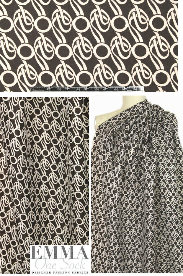 NY designer chocolate/off white graphic rayon lining