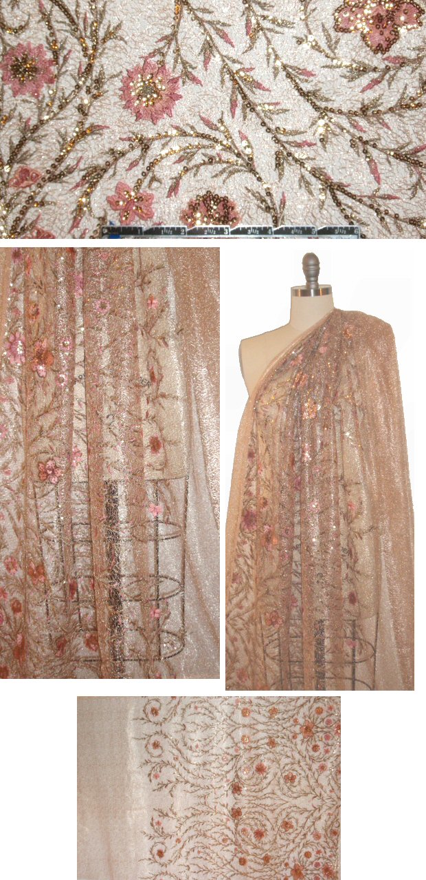 M@rchesa peach/gold metallic emb. sequin mesh lace
