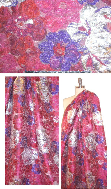 Sun0 pink/purple/silver metallic floral brocade 1.75 yd