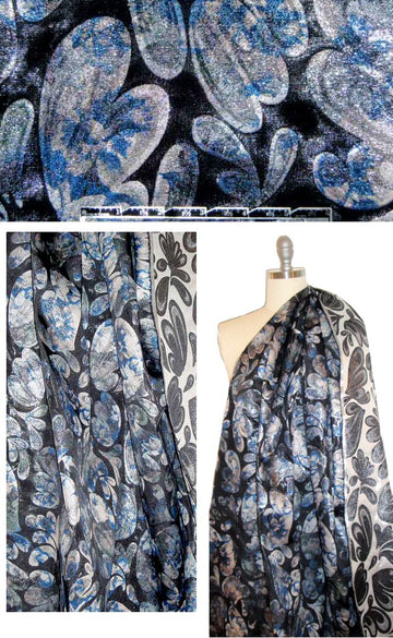 Italian navy/silver stylized motif jacquard brocade