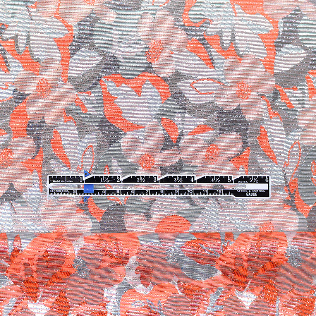 French metallic floral jacquard woven - coral/pewter/silver 2 yd