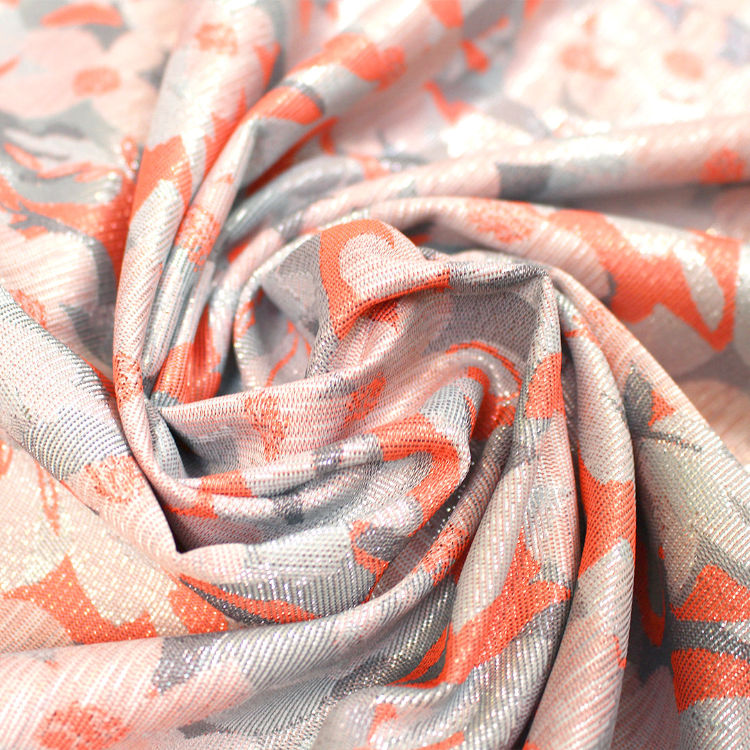 French metallic floral jacquard woven - coral/pewter/silver 2 yd