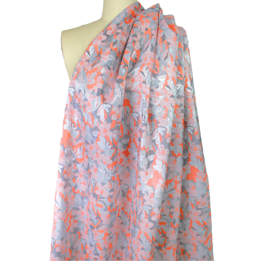 French metallic floral jacquard woven - coral/pewter/silver 2 yd