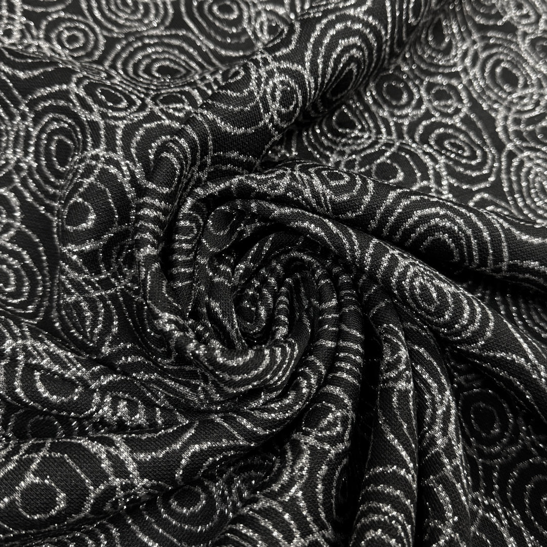 Italian 'concentric' jacquard knit - black/metallic silver .75 yds