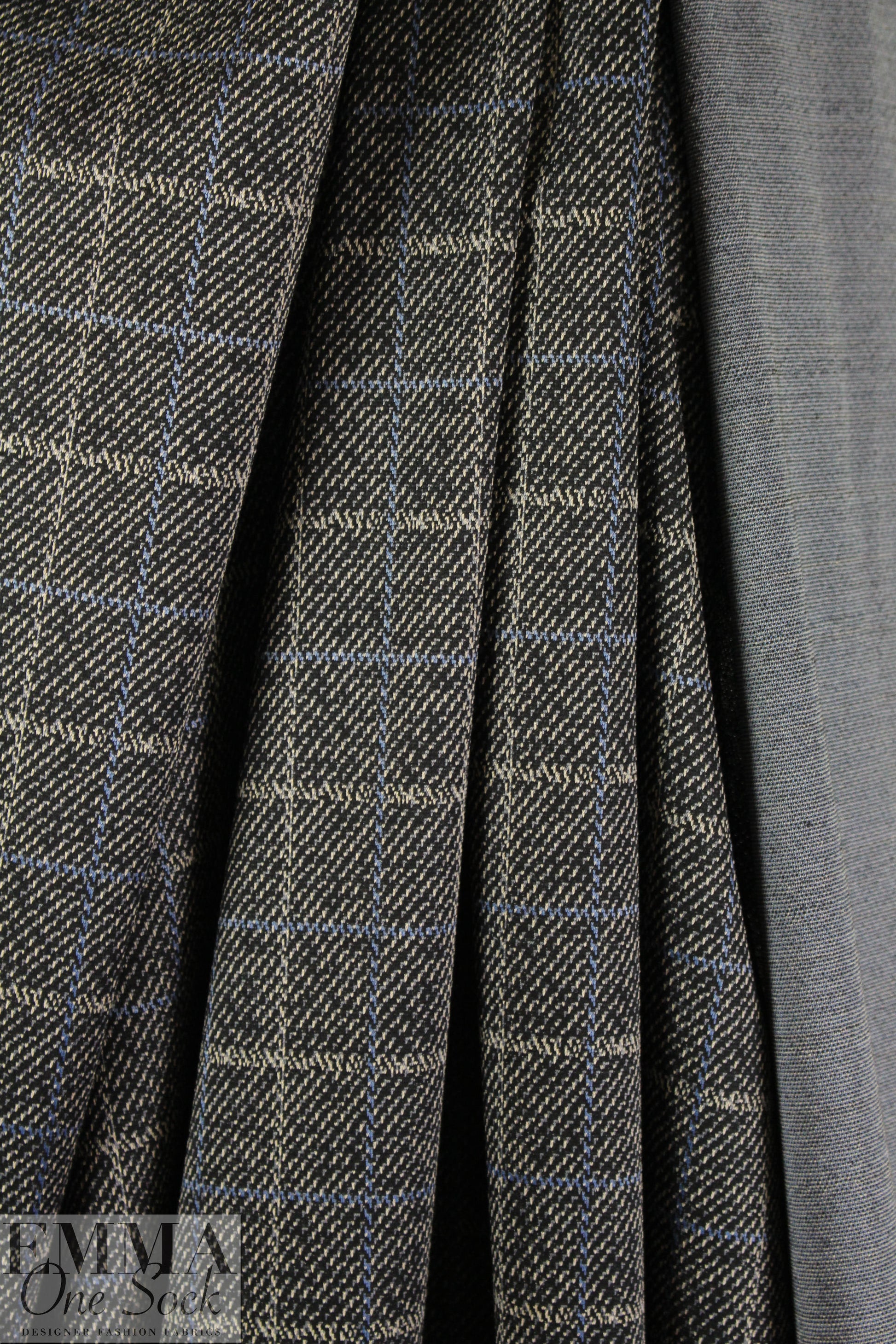 blue/black/ecru window plaid ponte doubleknit 1.75 yds