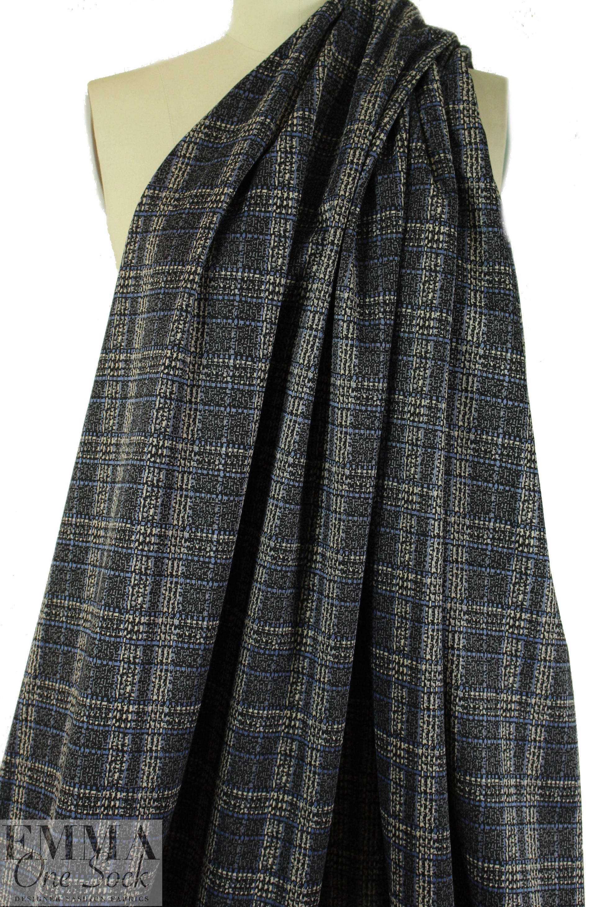 blue/black/ecru edgy plaid ponte doubleknit