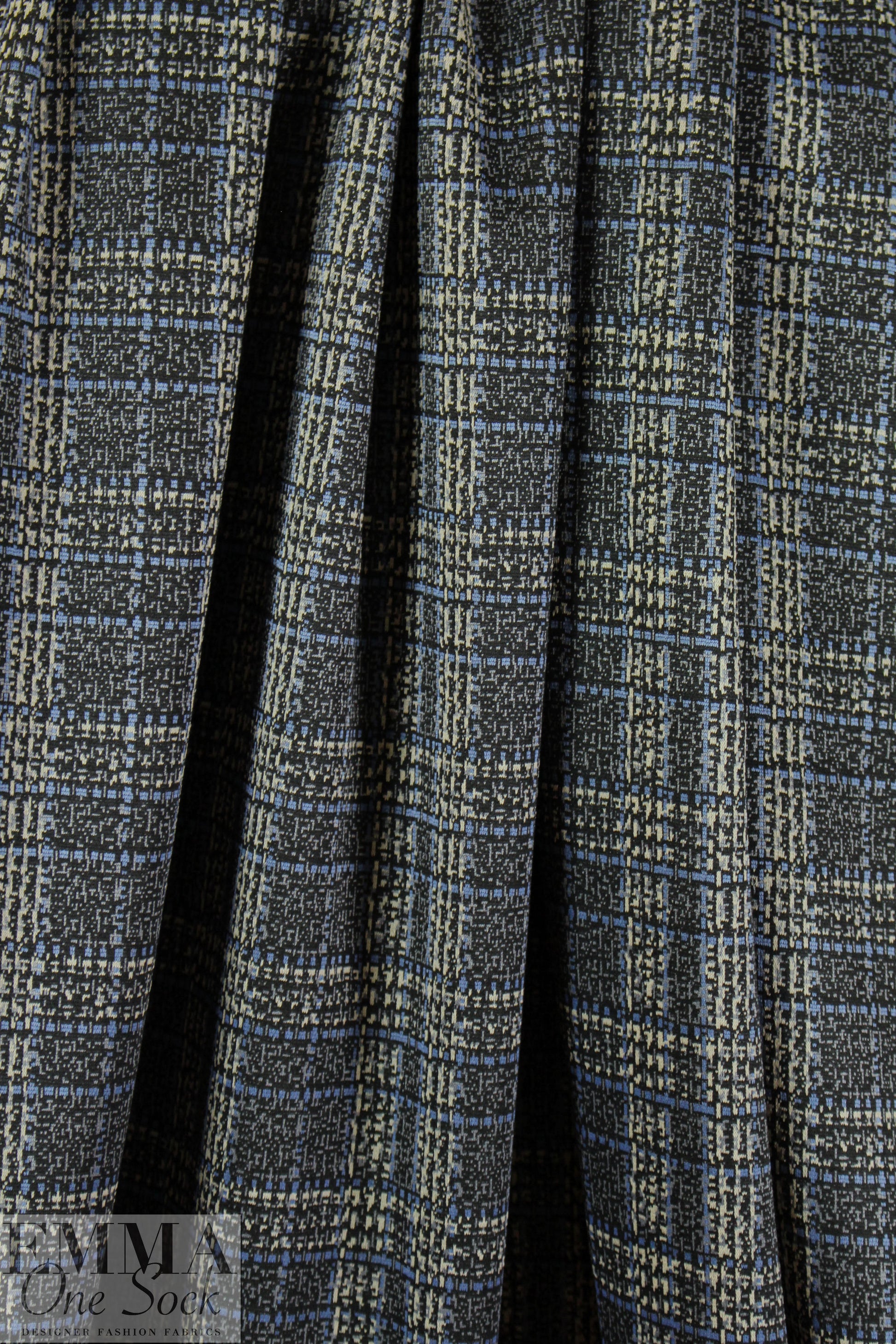blue/black/ecru edgy plaid ponte doubleknit 2 yd