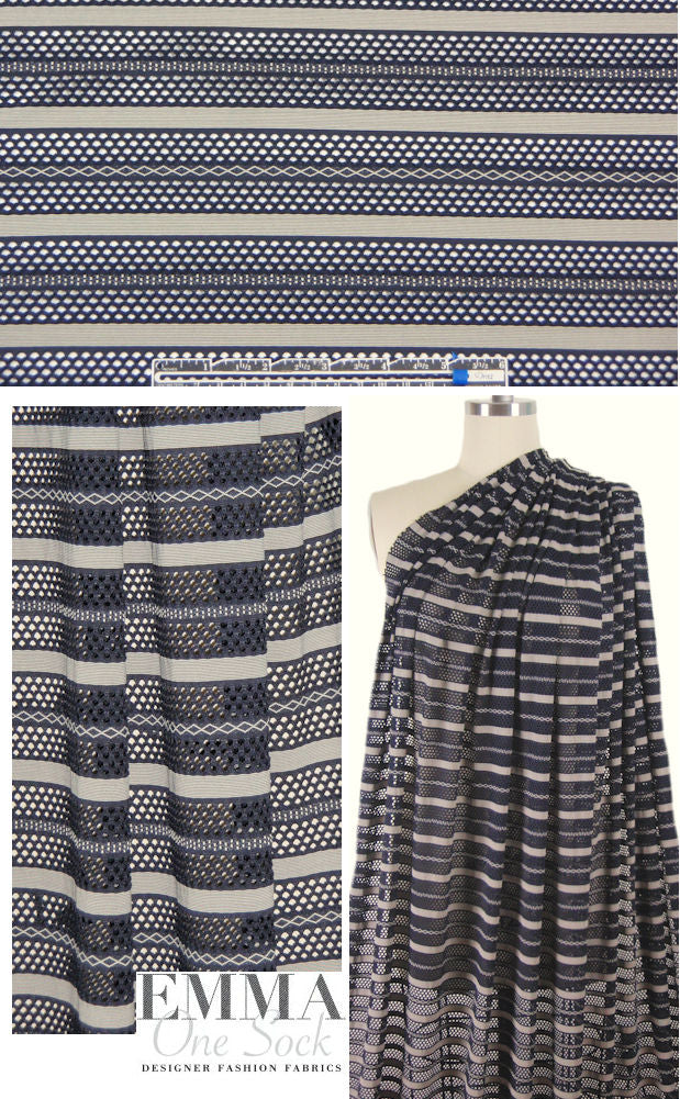 Italian textured mesh stripe knit - midnight/ecru 1.66 yd
