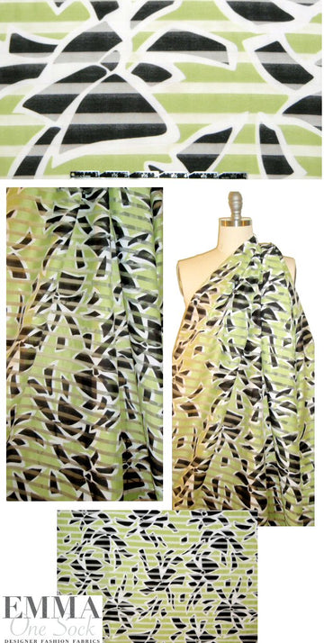 Italian lime/black/white shadow stripe organza
