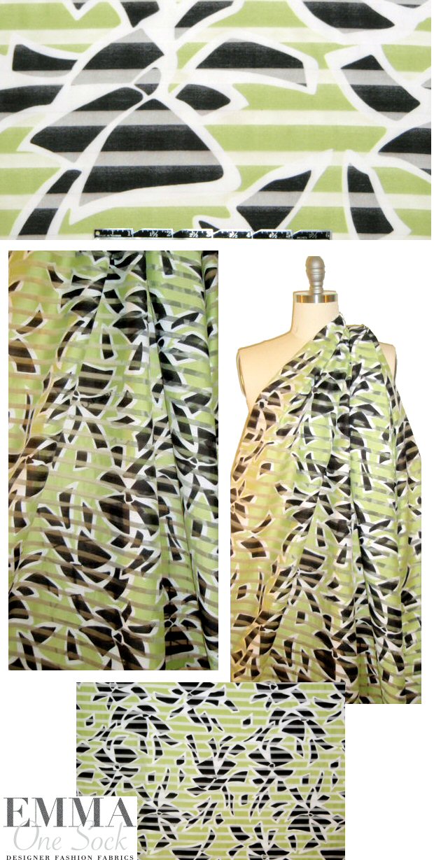 Italian lime/black/white shadow stripe organza 1.75 yd