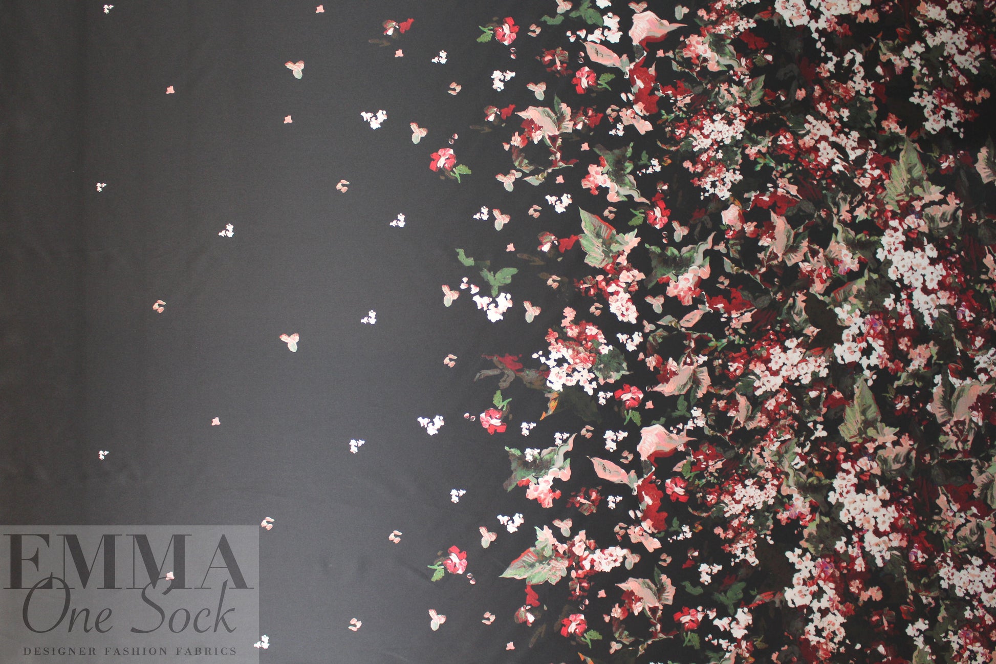 famous designer watercolor floral border 'poly-silk' twill