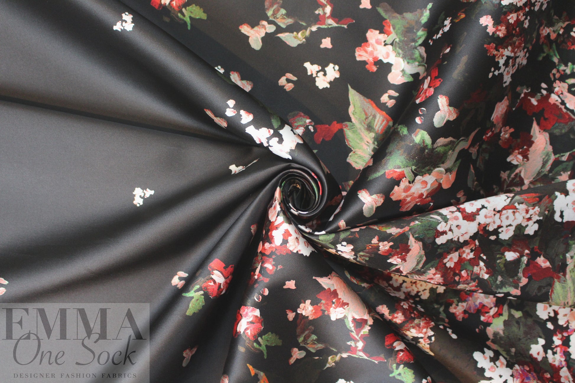 famous designer watercolor floral border 'poly-silk' twill