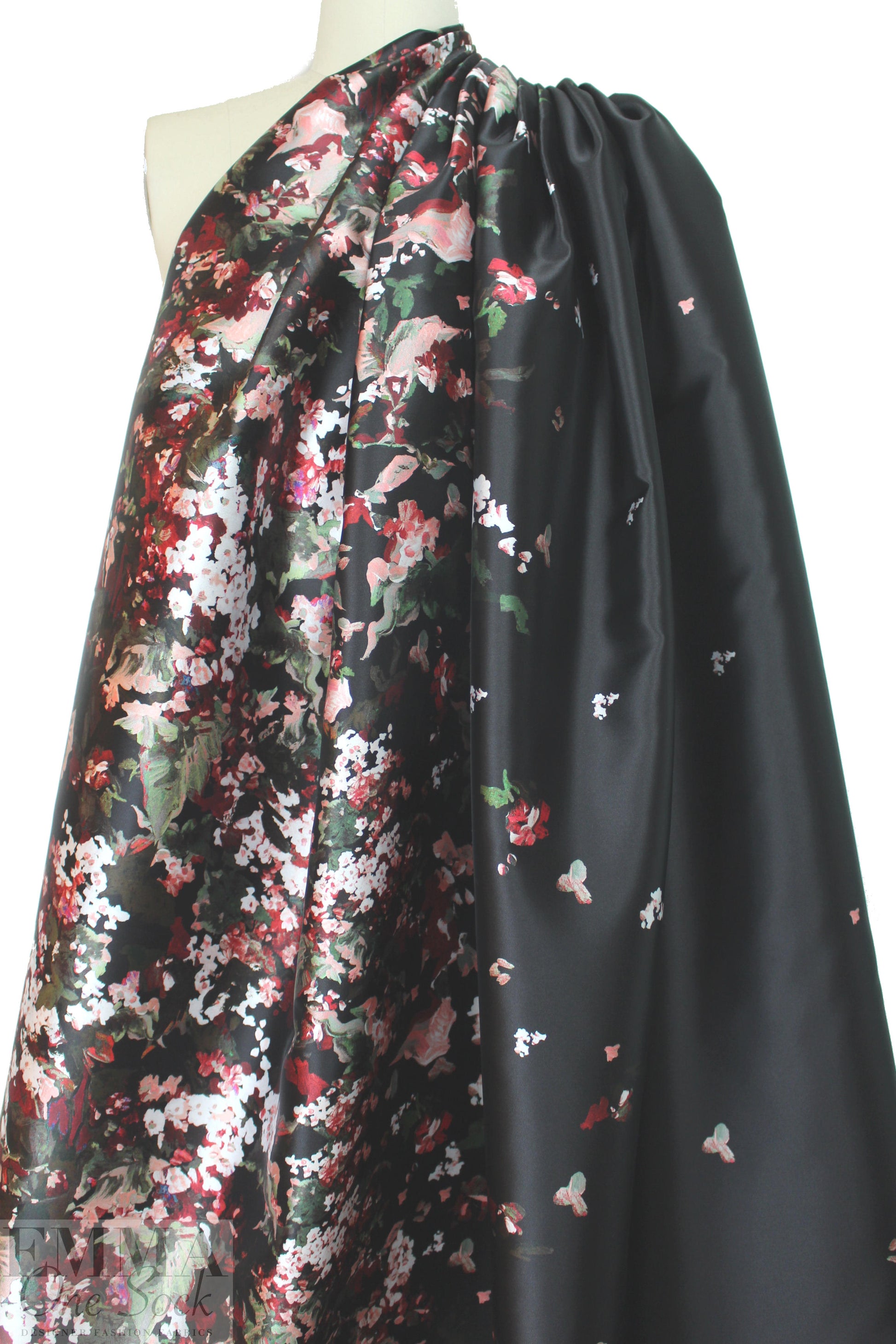 famous designer watercolor floral border 'poly-silk' twill