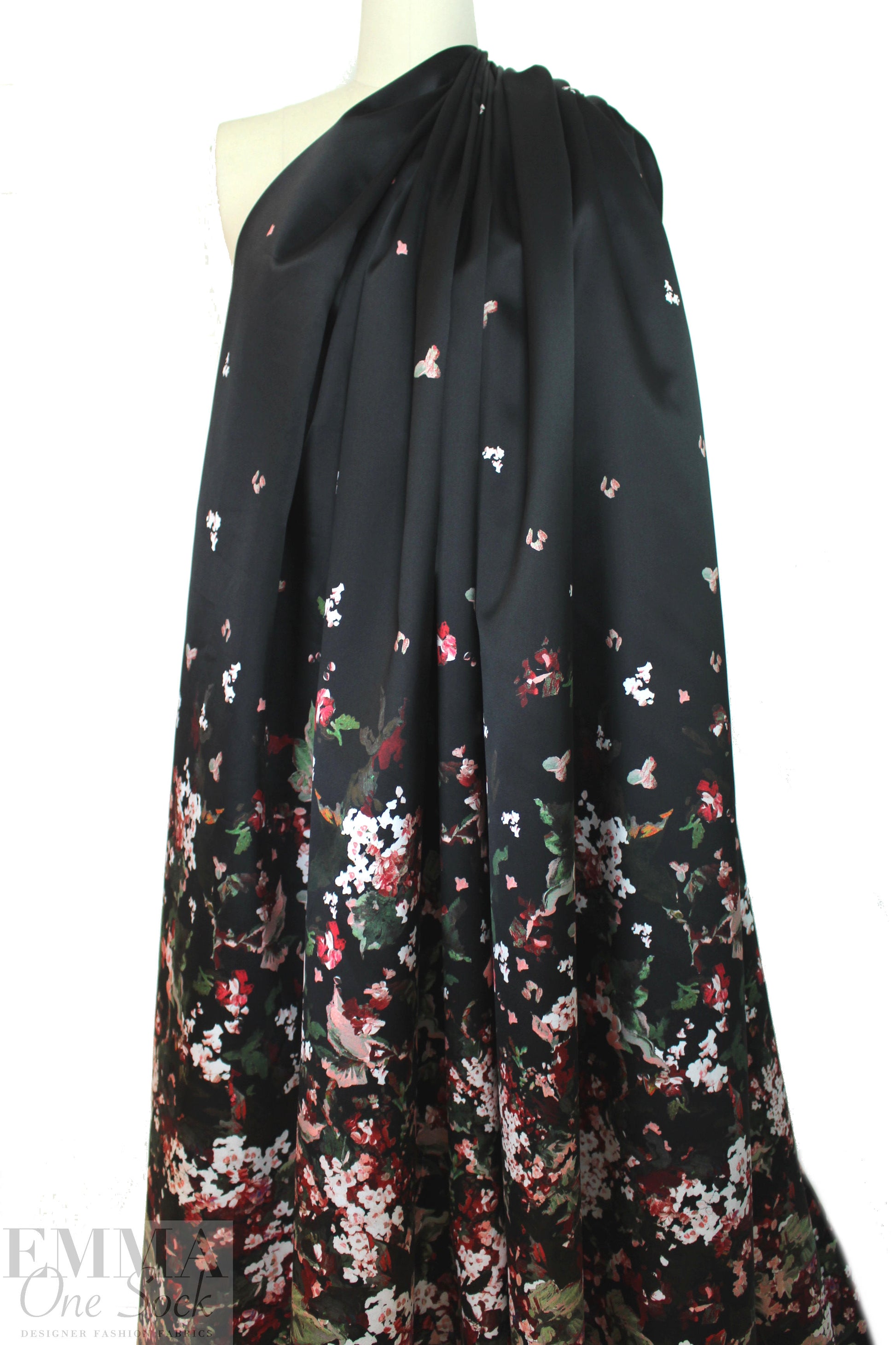 famous designer watercolor floral border 'poly-silk' twill