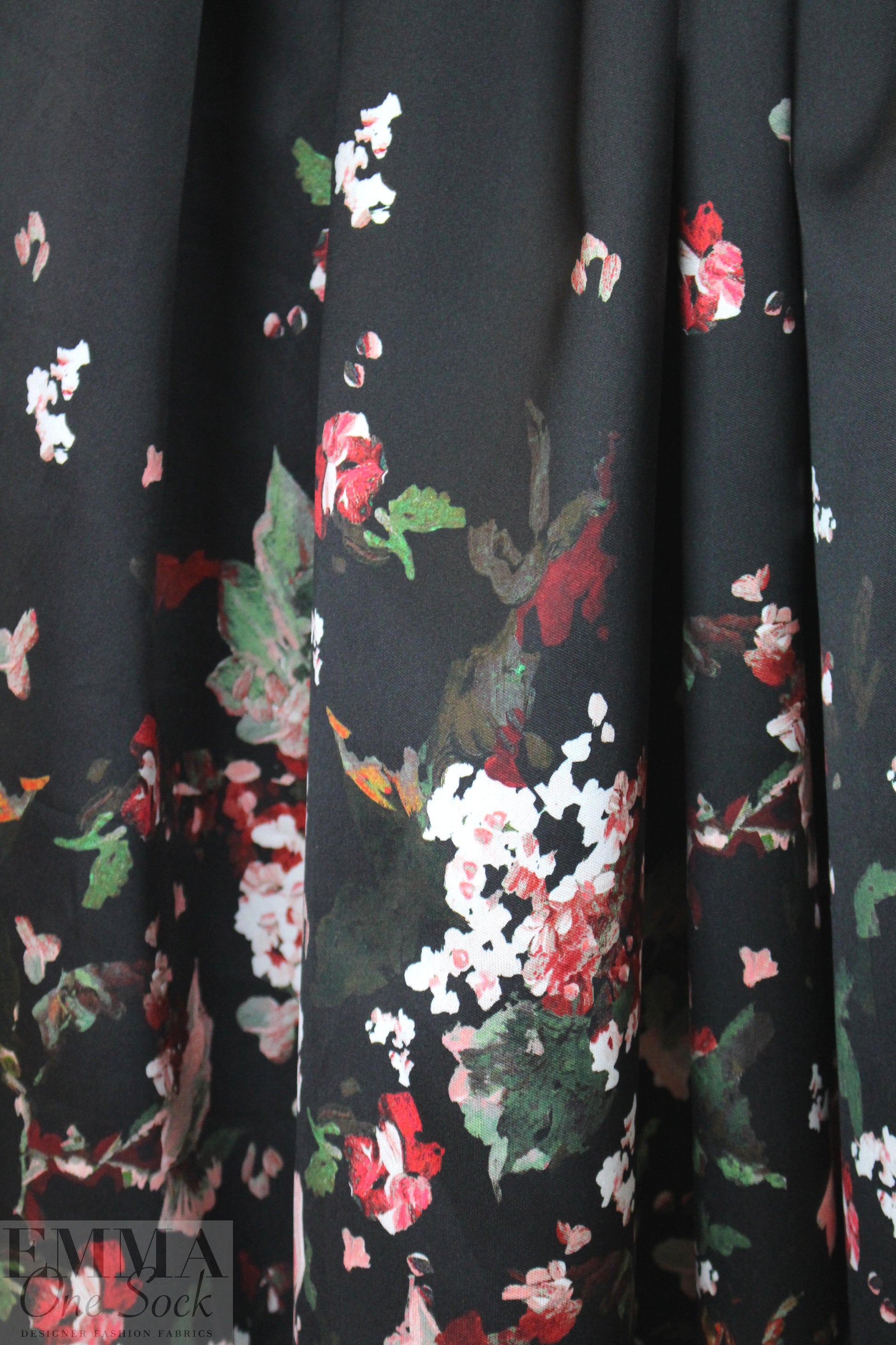 famous designer watercolor floral border 'poly-silk' twill