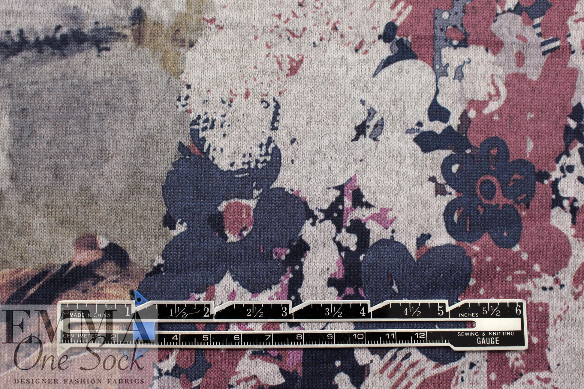 'flower stamp montage' sweater knit - mauve/gray .75 yds