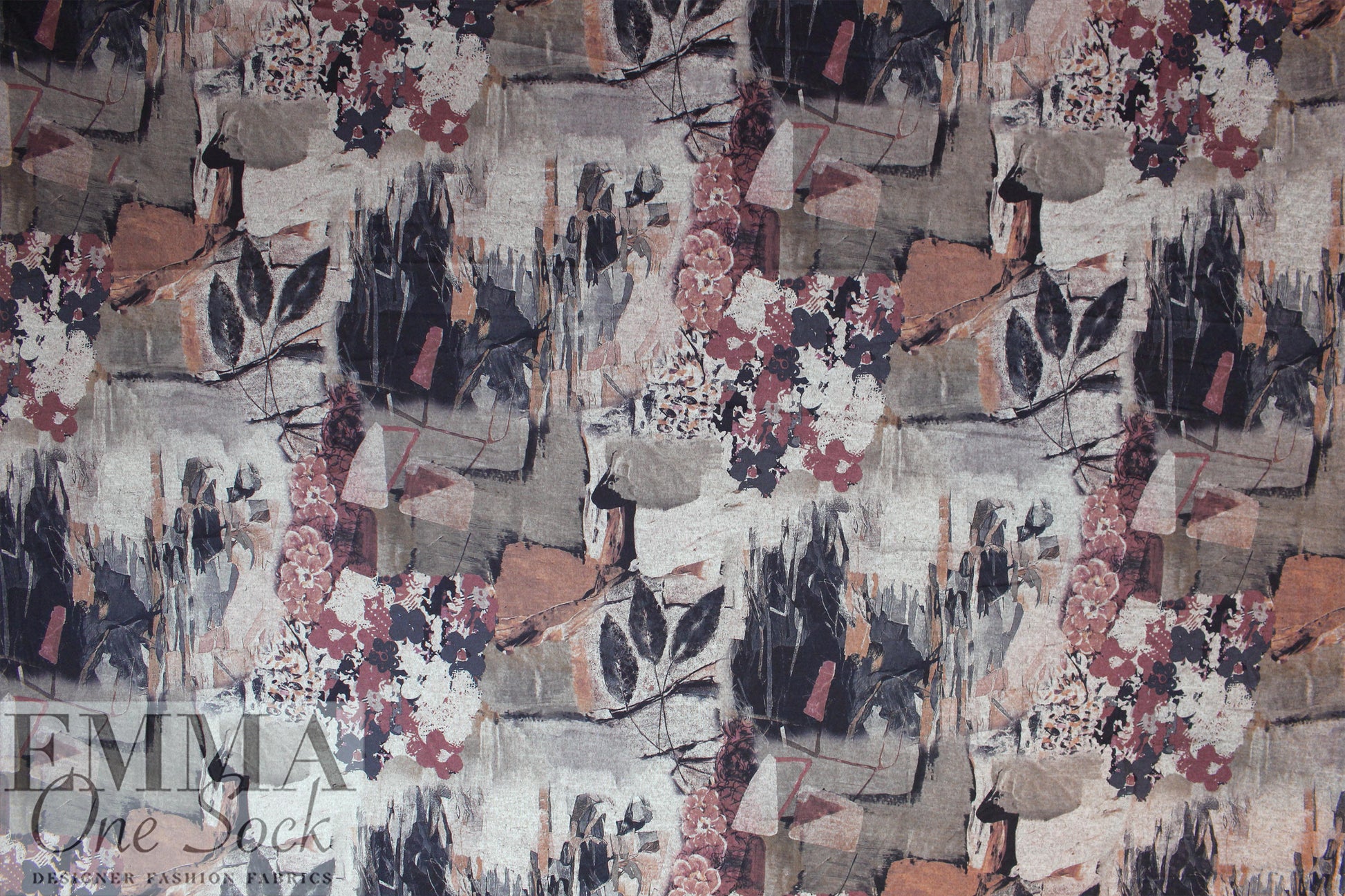 'flower stamp montage' sweater knit - mauve/gray .75 yds
