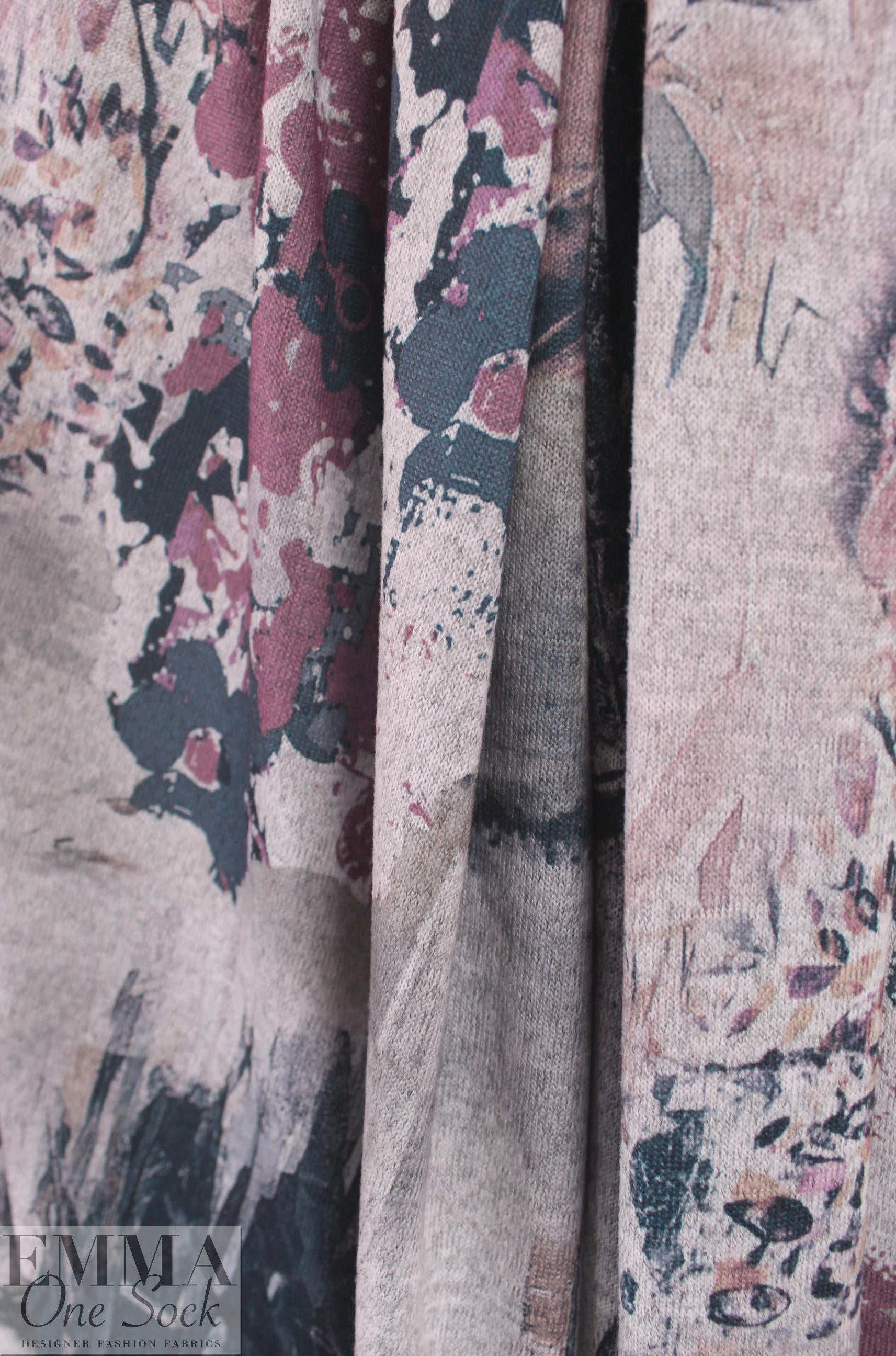 'flower stamp montage' sweater knit - mauve/gray .75 yds