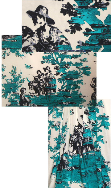 0scar jade/black/ivory toile panel print silk CDC 1.125 yds