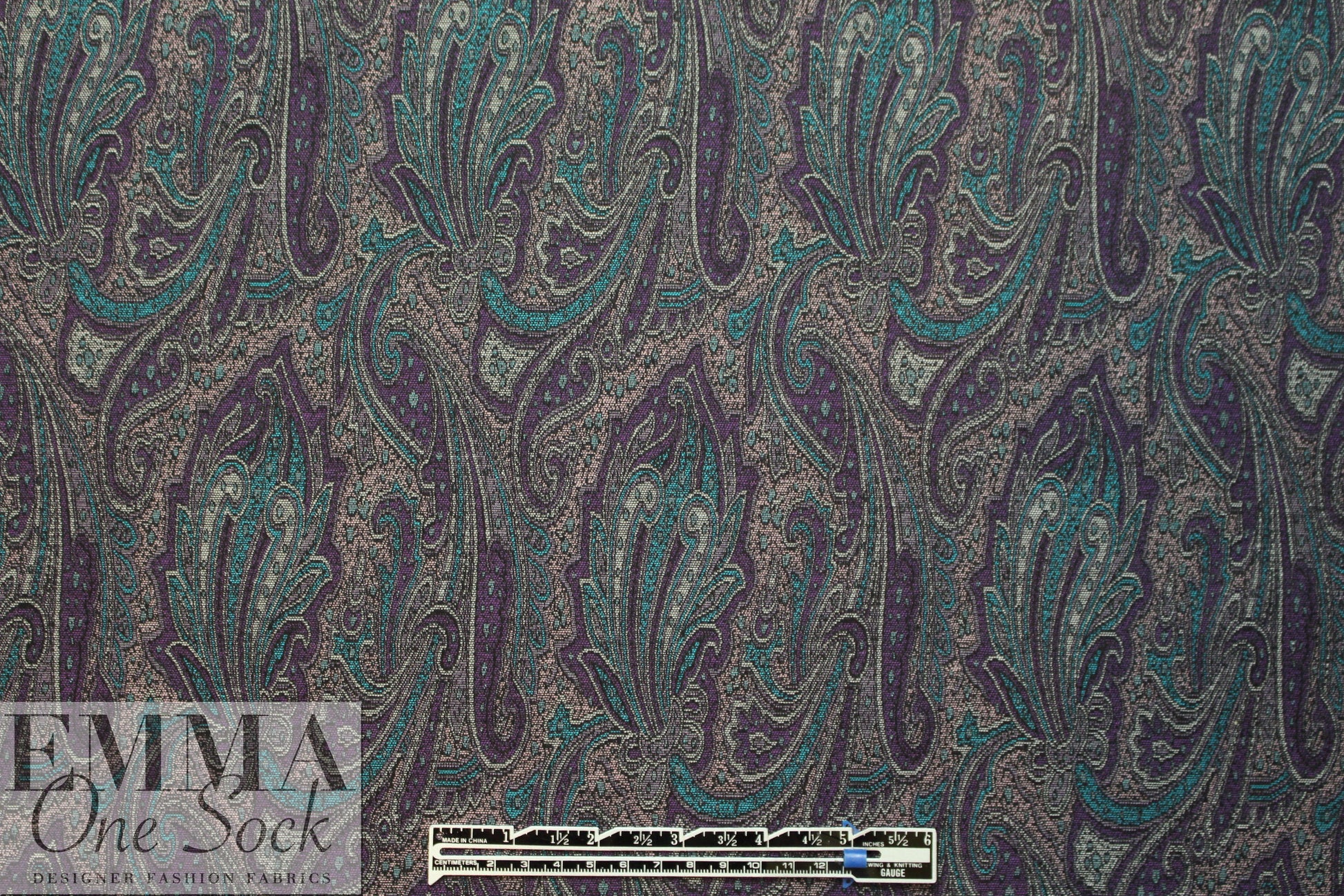 Italian stretch paisley jacquard - teal/grape 1.125 yds