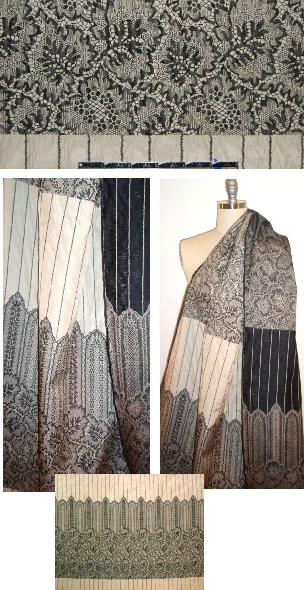 Italian black/bone leafy trellis stripe panel jacquard .75 yds